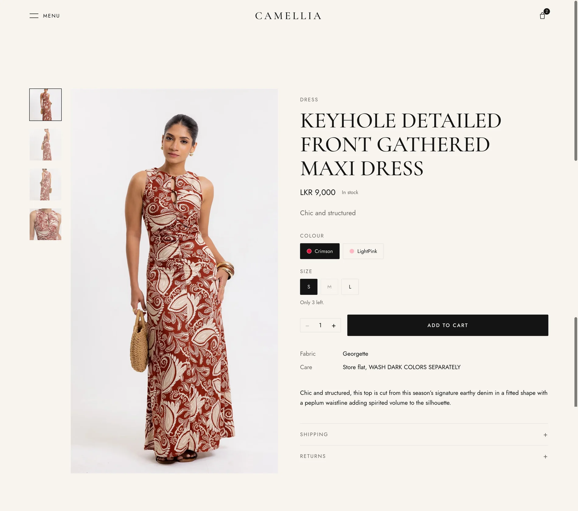 A product page with the fabric named, an honest stock state, and add to cart