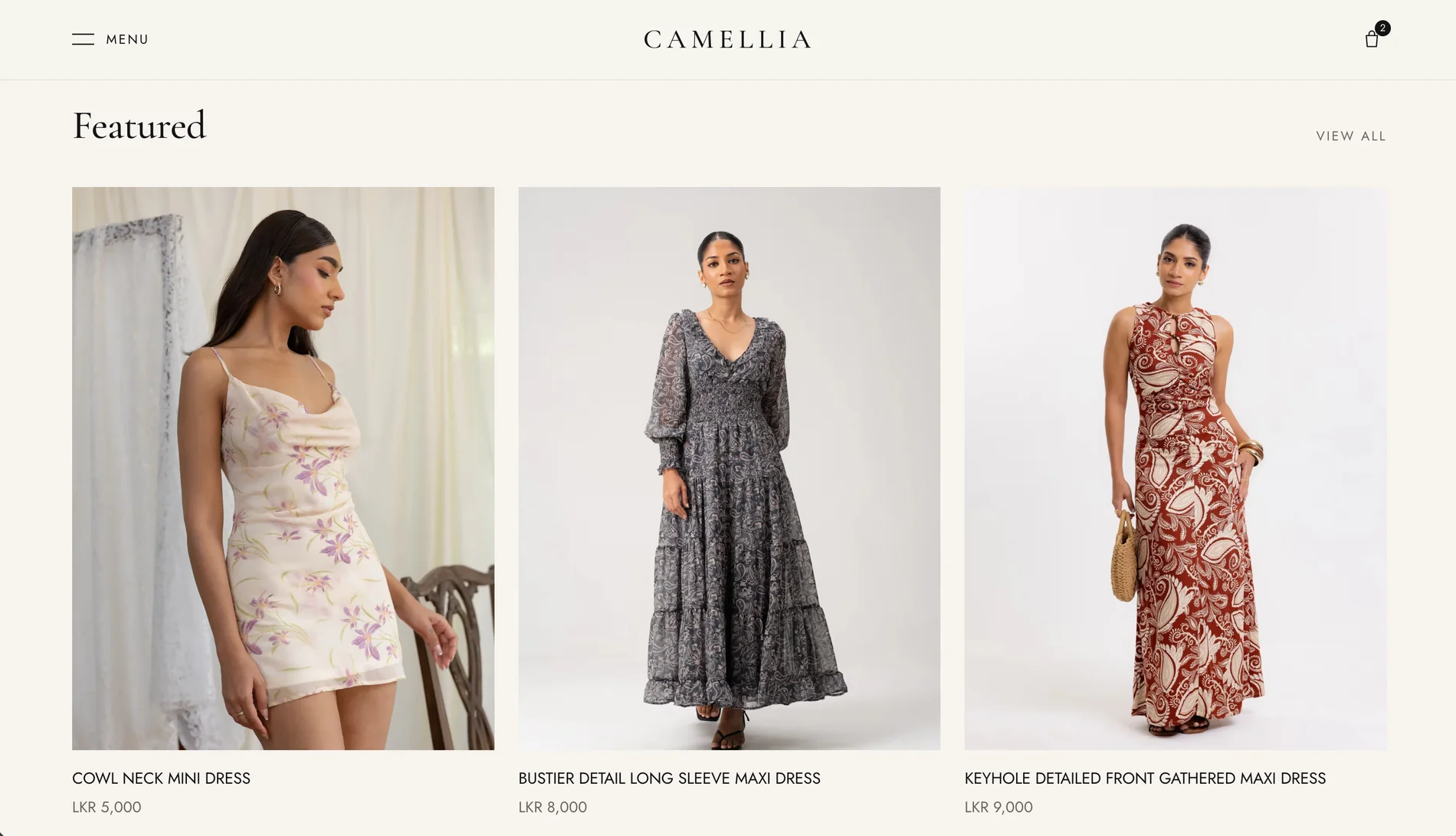 The homepage Featured section showing three pieces priced from LKR 5,000 to 9,000