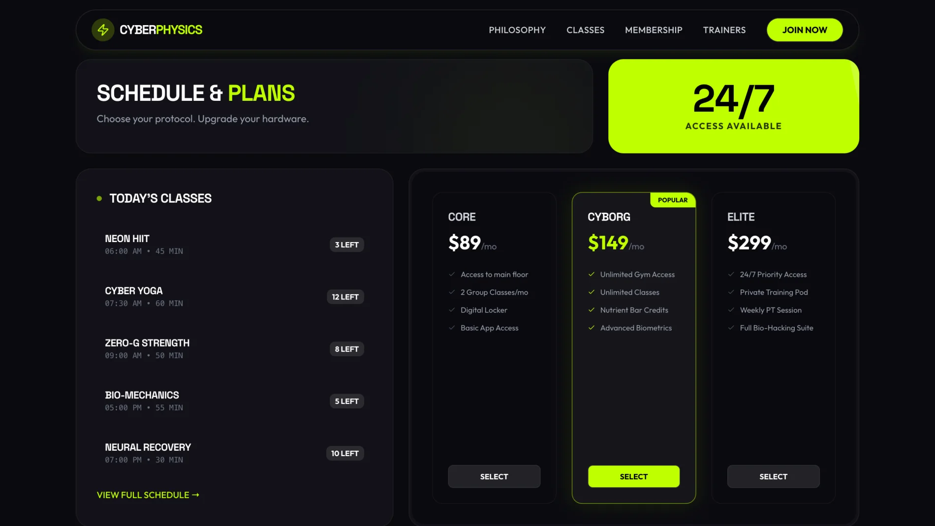 The schedule and pricing section, with today's class list and three membership tiers