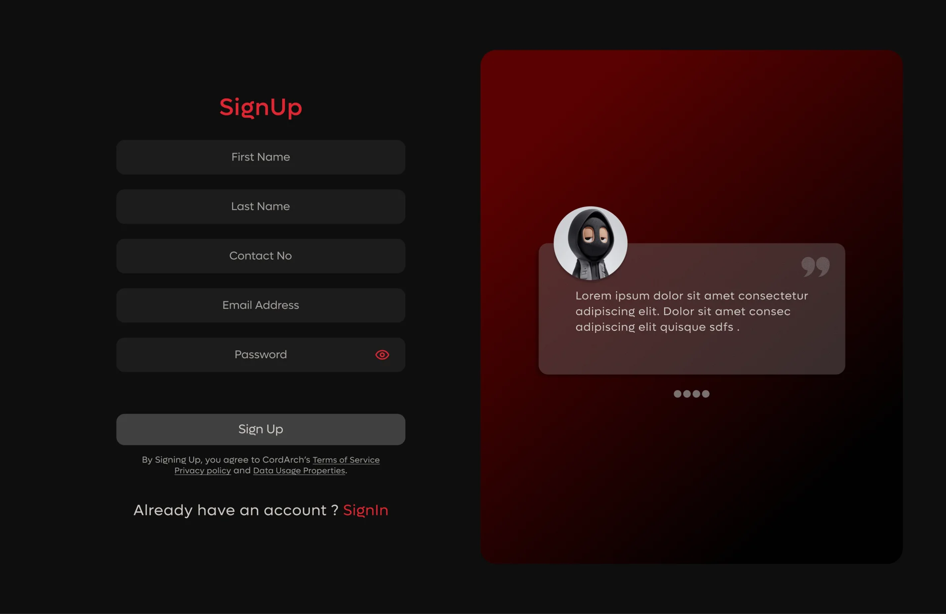 The organiser sign-up screen, stripped down to a short set of fields