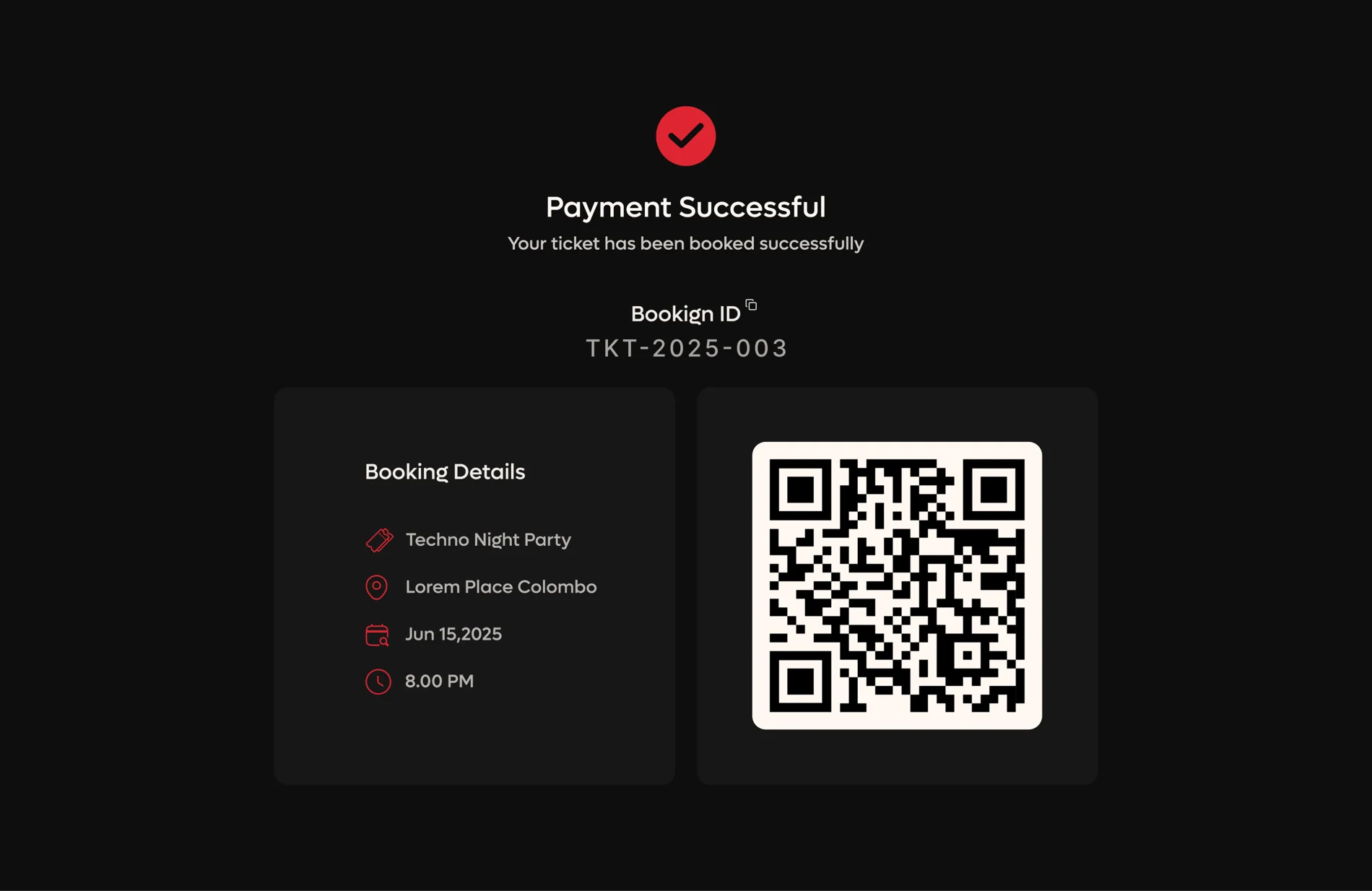 The payment confirmation screen with a booking ID and a QR ticket