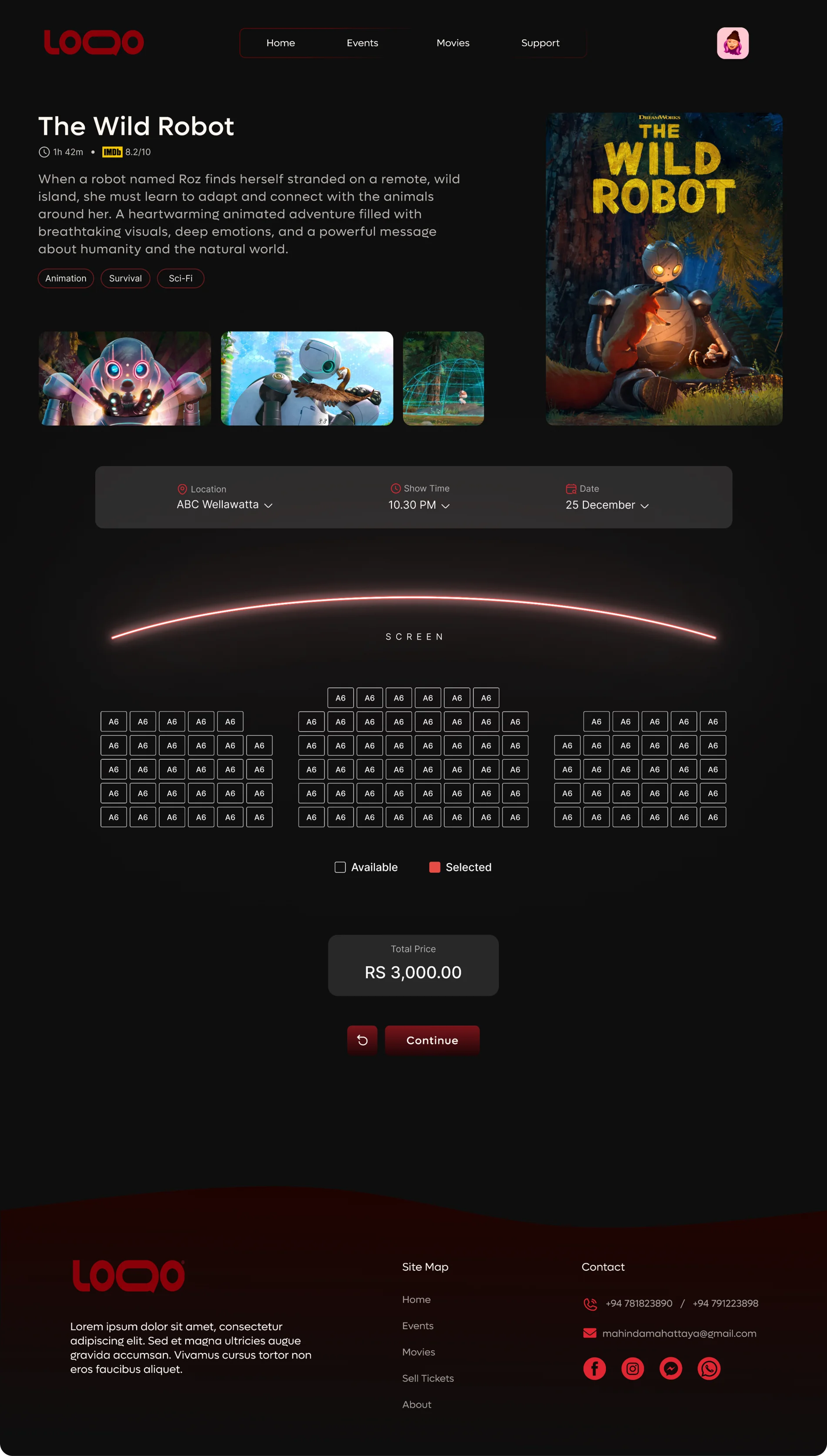 The seat-selection screen with a cinema-style layout and clear available and selected states