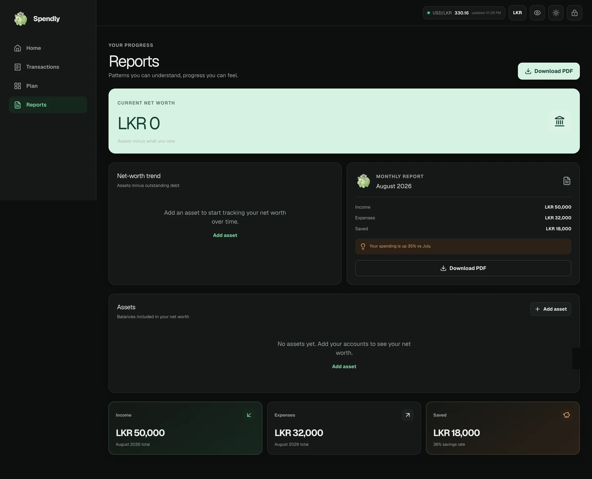 The reports page, showing net worth, the monthly report, and the number-forward visual system