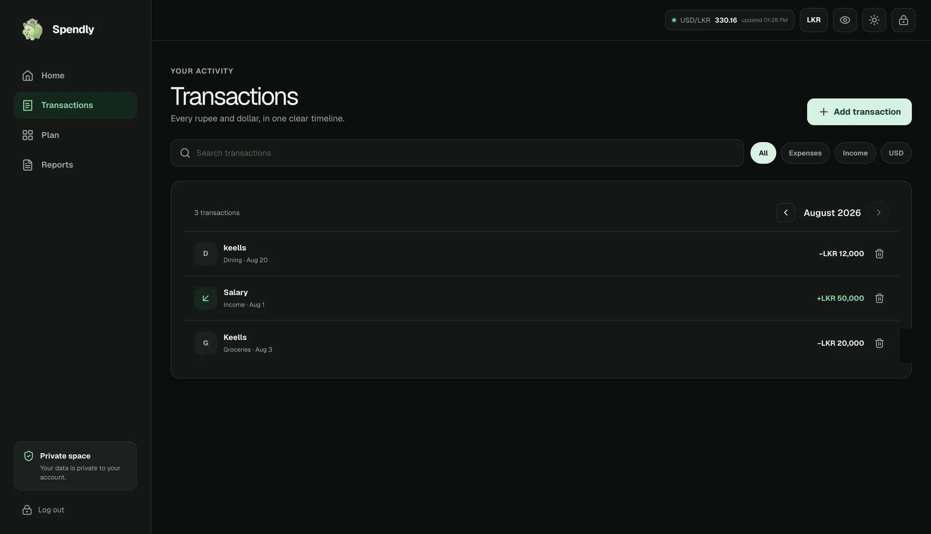The transactions timeline, with income and expense entries and a currency filter