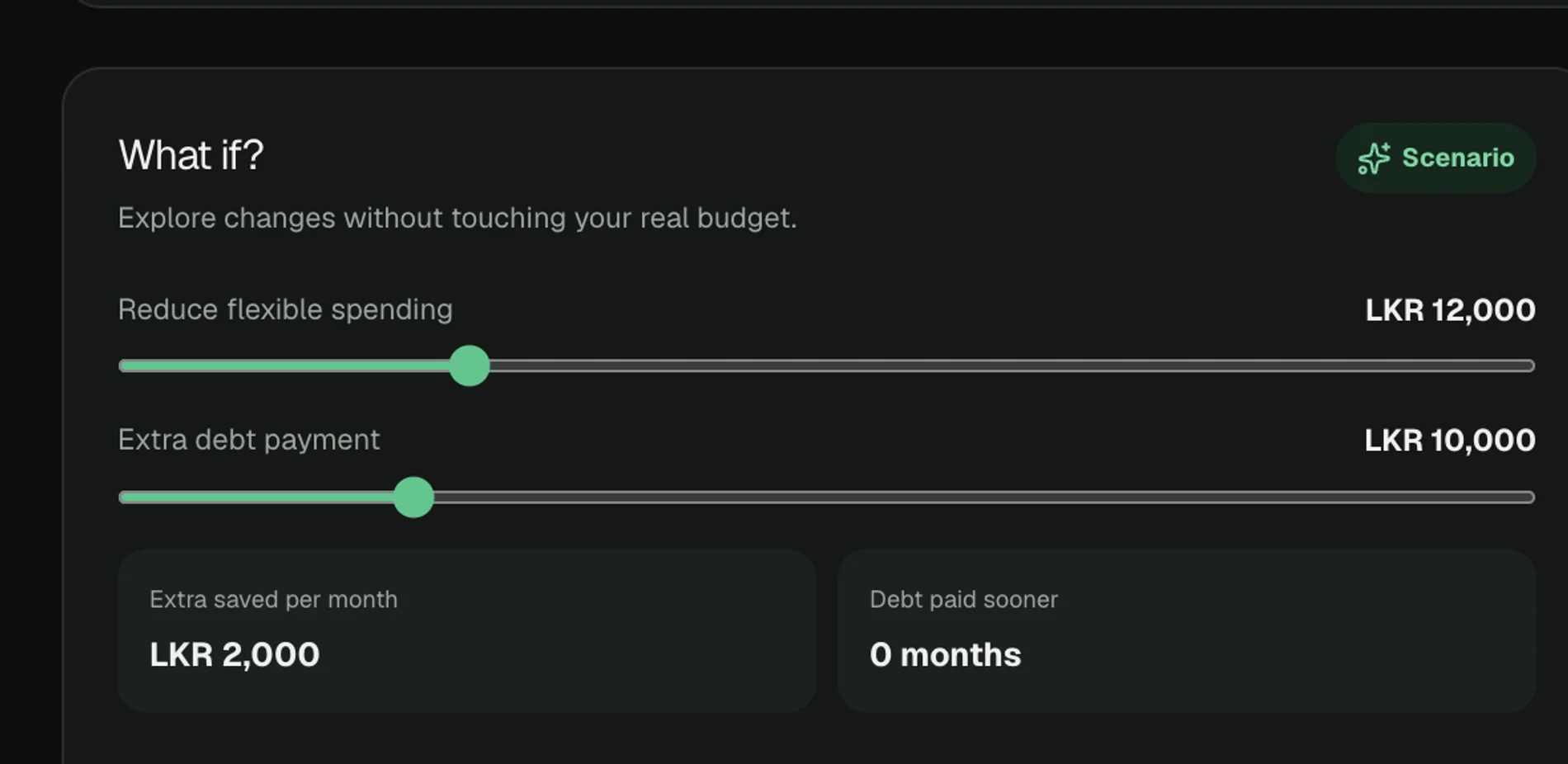 The What-if simulator, with sliders for reducing spending and extra debt payment and the live results