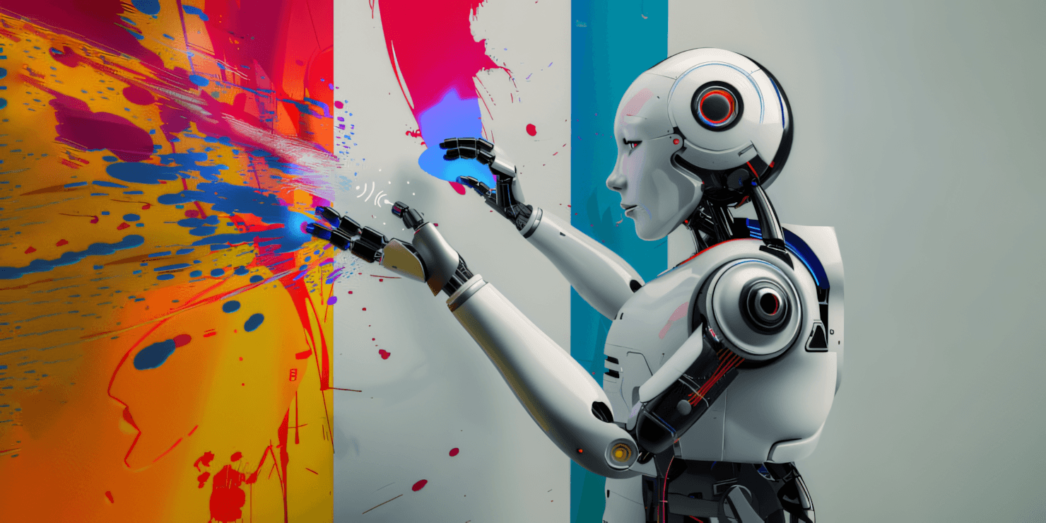 A humanoid robot painting a burst of color onto a plain wall
